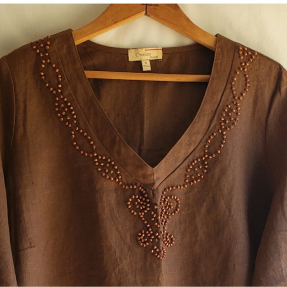 Choices Women's V-Neck 100% Linen Chocolate Brown Tunic Top Size:1X - Picture 1 of 4